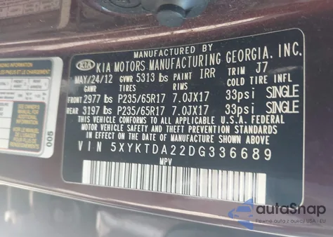 2013 Kia Sorento Lx V6 из США, поврежденный, VIN 5XYKTDA22DG336689